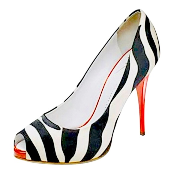 Giuseppe Zanotti Peep Toe Black and White Zebra Print Red Heels Shoes 10.5 B - Picture 2 of 7